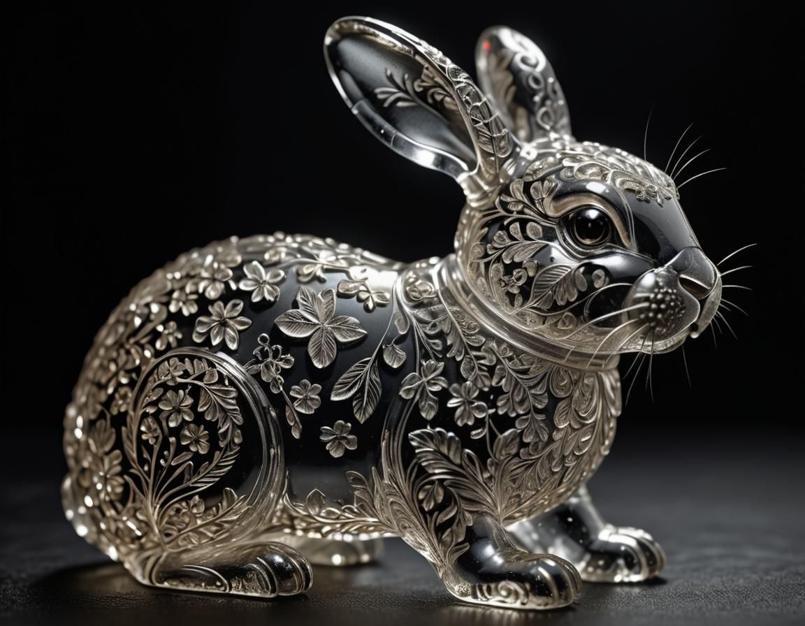 A clear enameled glass figurine of a rabbit with delicate ornate etchings on its fur.  by @Autumn