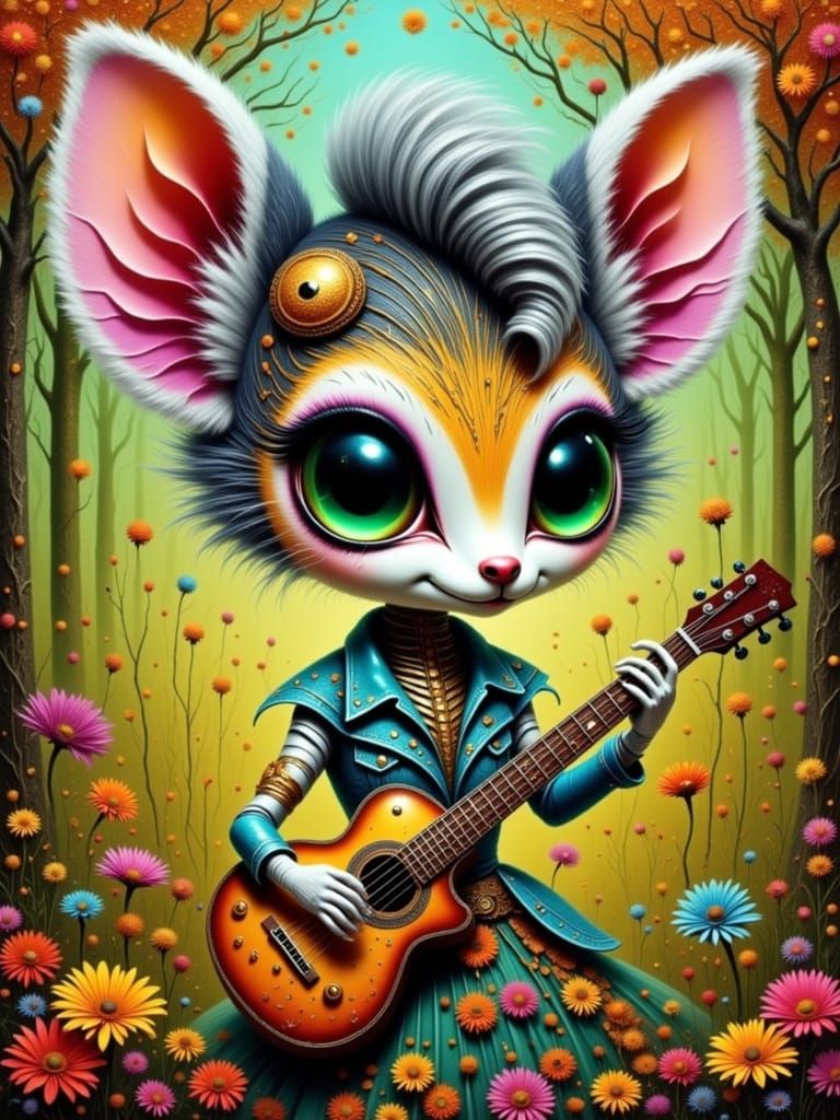 a hybrid very cute animal and comic, who holds a guitar in one paw in the forest<lora:Zeste-Citron hybrid1:1.0>