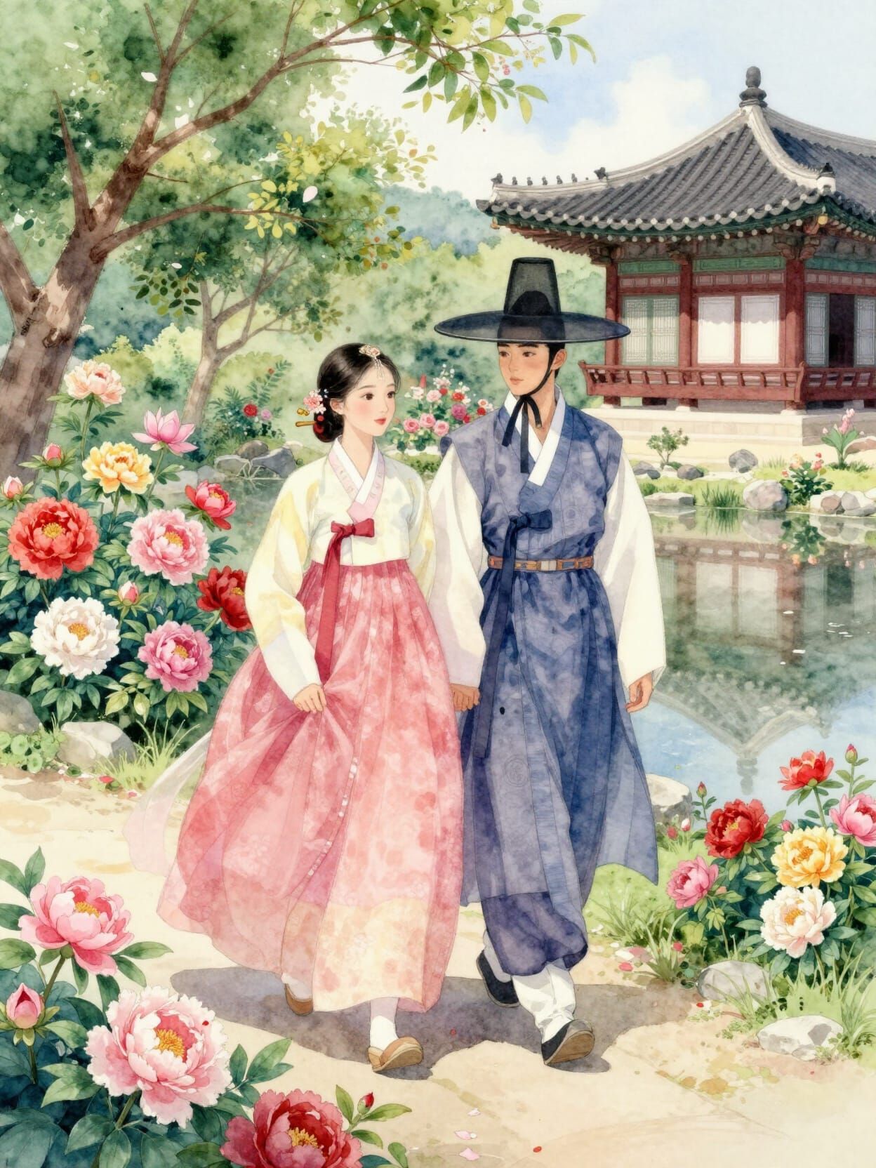 Korean Couple in Royal Garden Watercolor Painting