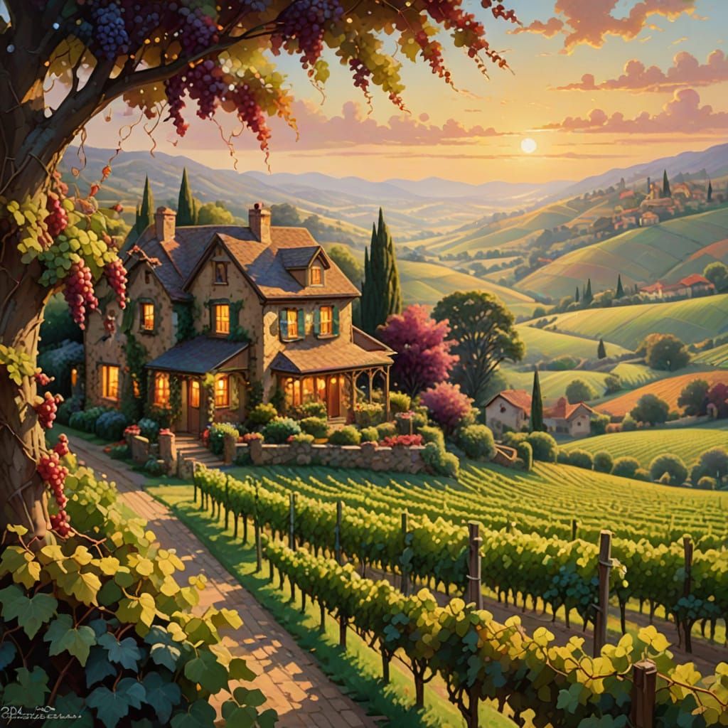 Imagine a quaint vineyard cottage nestled among rows of grapevines, bathed in the warm glow of the setting ...  by @Ari_mermaid06