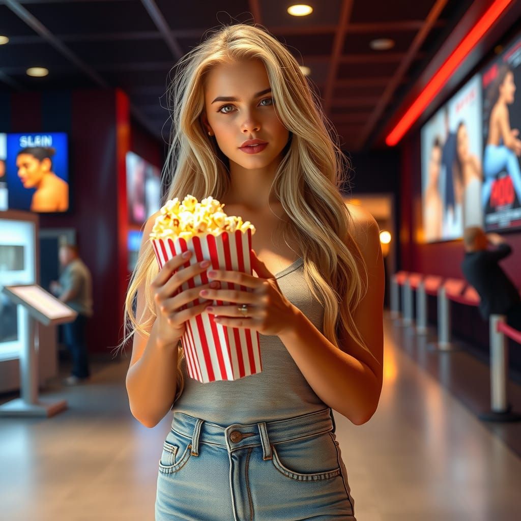 Hyper-Realistic Woman in Movie Theater Lobby