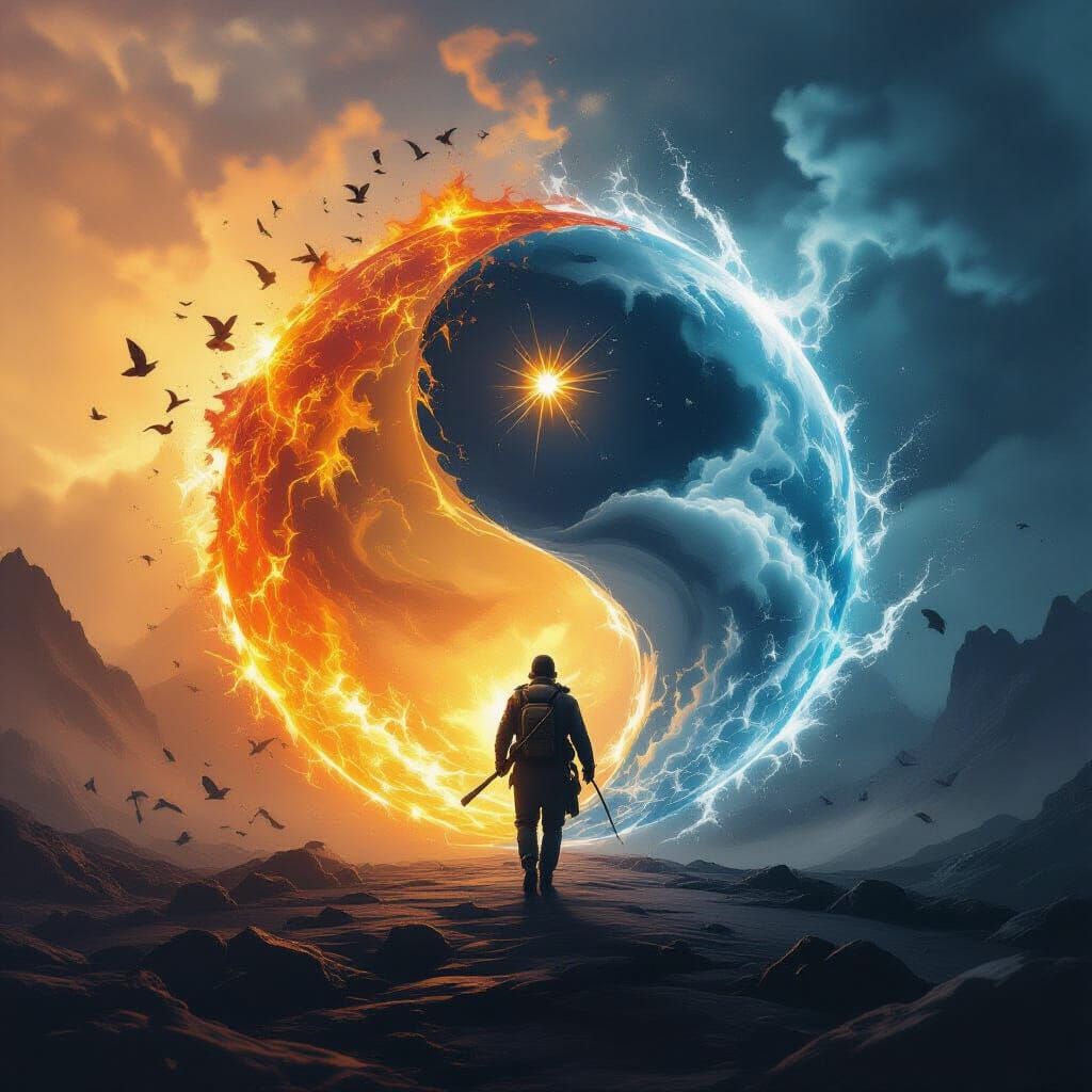 war and chaos mixed with peace in a ying and yang symbol   by @techs_legacy