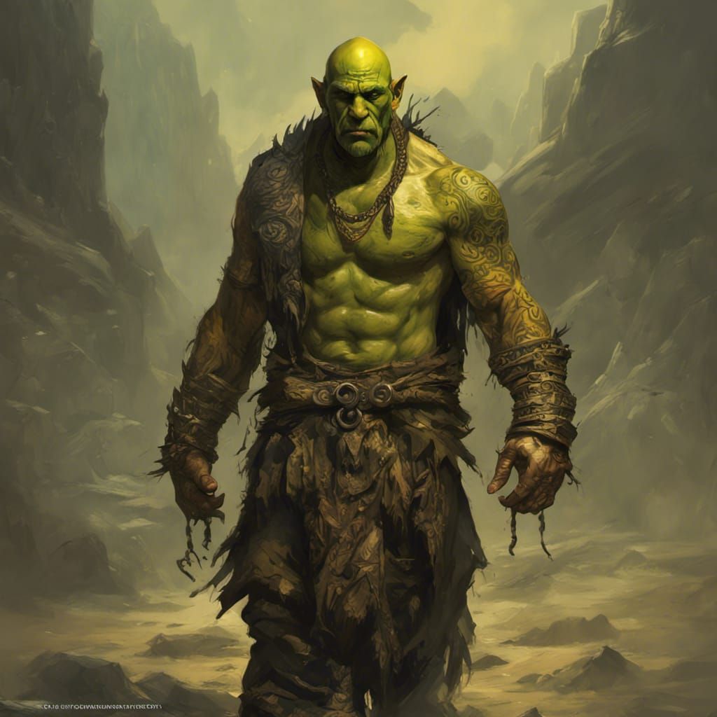 Orc Monk with bald head, brown beard, Yellow tribal body tattoos, green ...