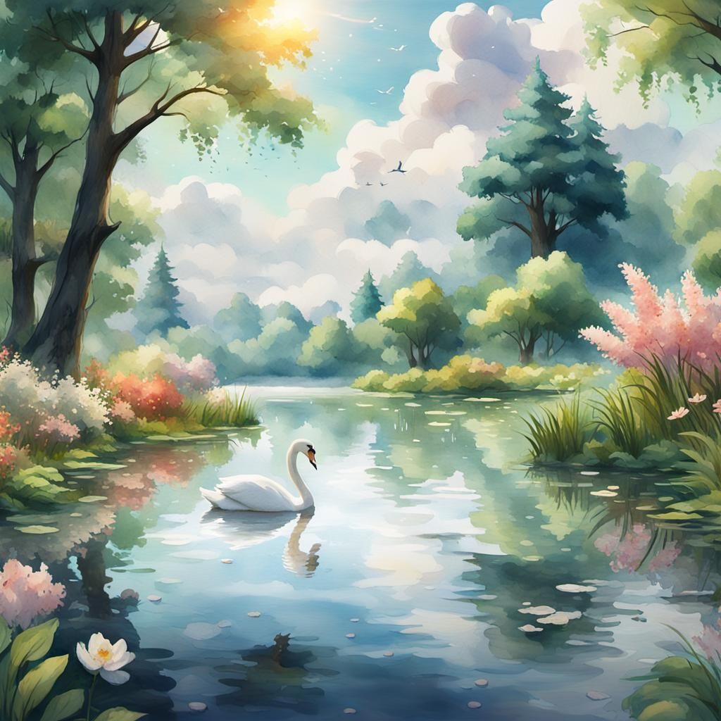 Swan on Riverbank in Watercolor Style