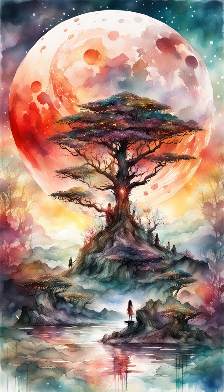 bloodmoon Digital watercolor Illustration of a summerscape s...
