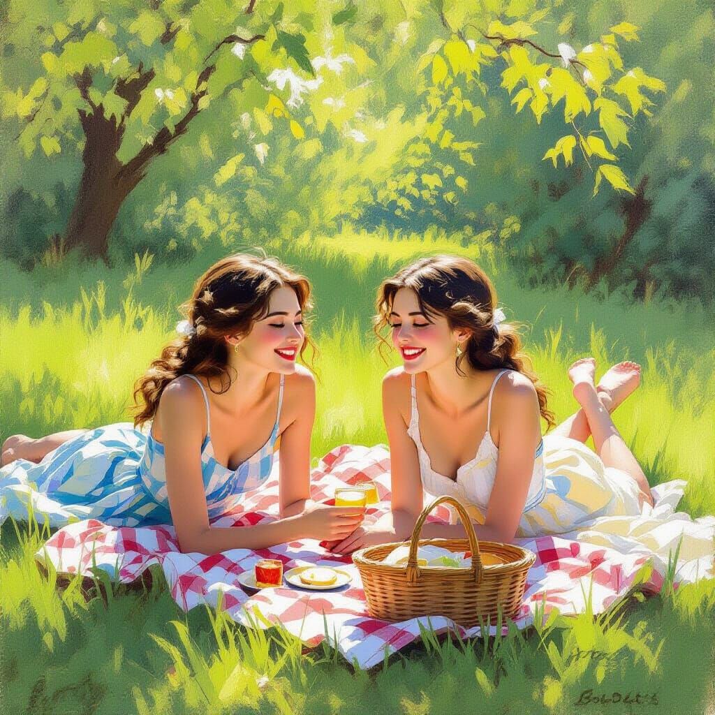 Two Women Enjoying a Sunny Picnic on Ticklish Grass