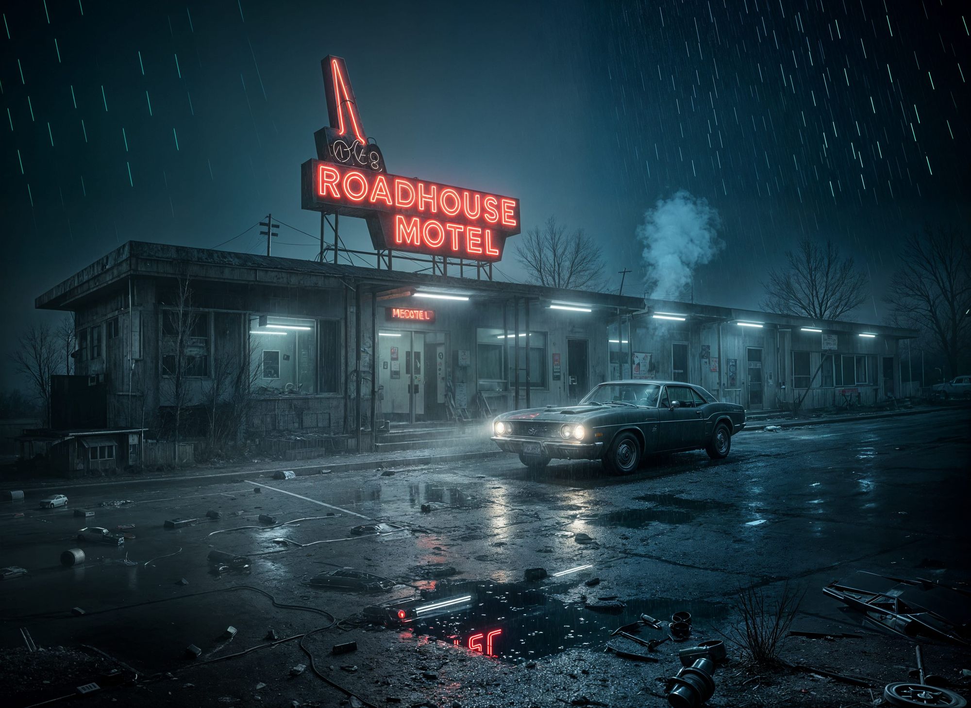 David Lynch style, abandoned roadside motel. masterpiece, best quality, a surreal and atmospheric scene blending David Lynch's eerie aesthet...