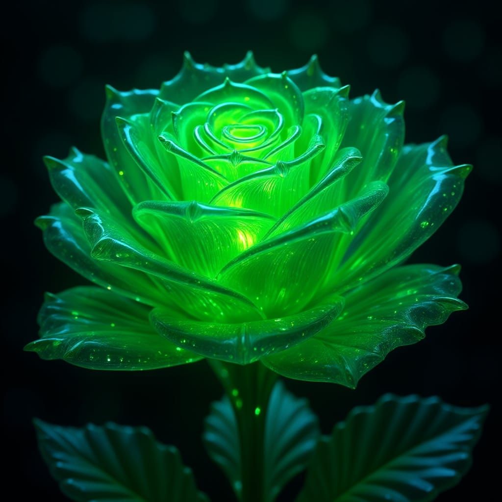 A beautiful image of a glass green rose using blacklight effect on said glass/ make green rose look more brighter, almost fluorescent like w...