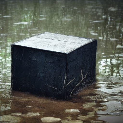 Creepy black cube in a swamp 