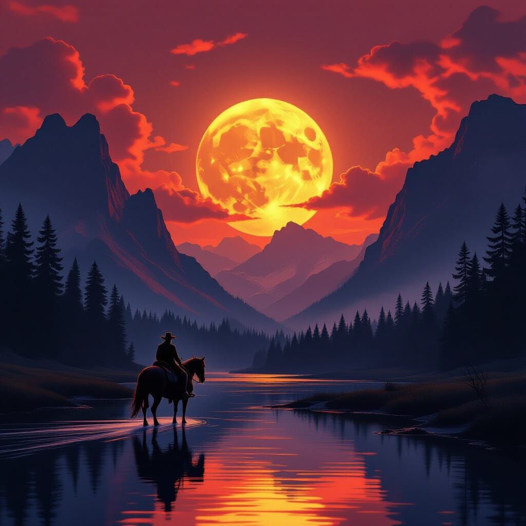 Lone Cowboy Rides Towards Fiery Sunset Landscape