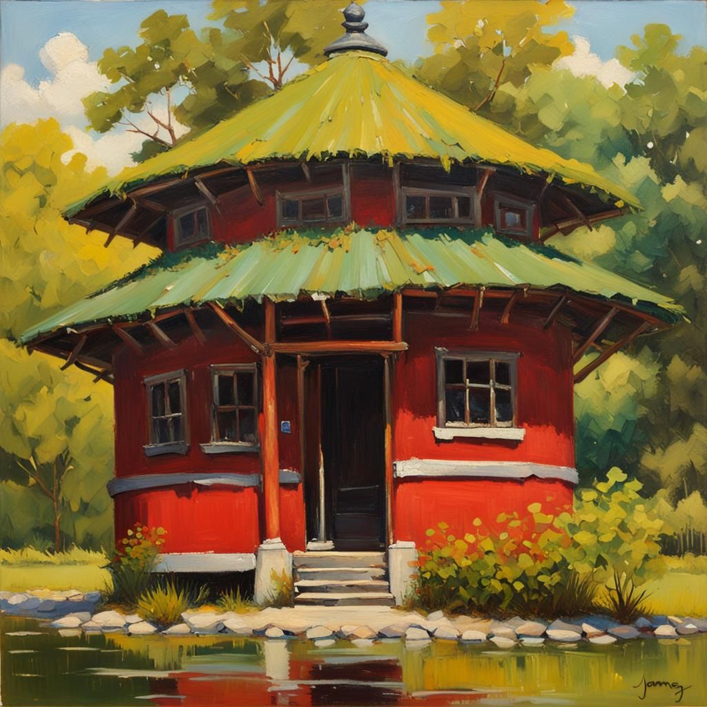 round small house that is cherry red with a green stalk roof
