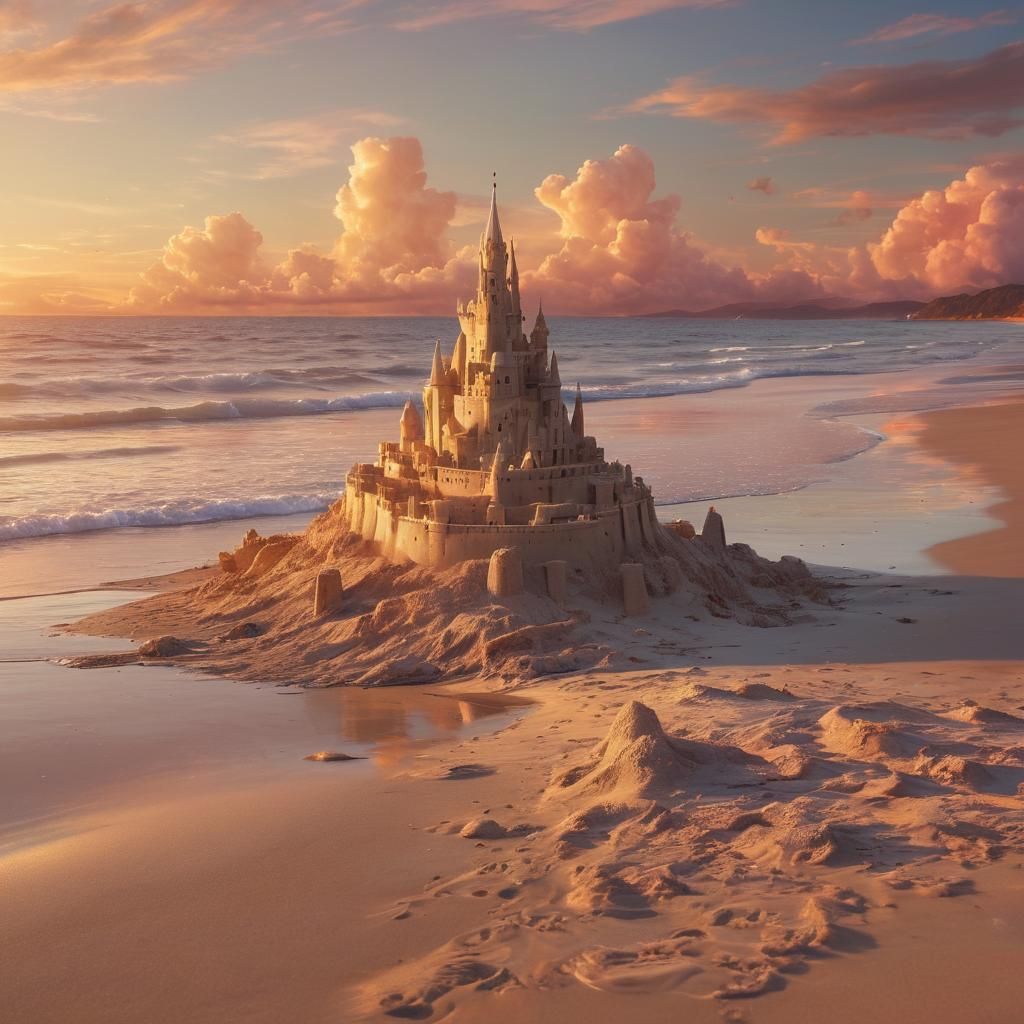 Dreamlike Sand Castle at Sunset in Cosmic Style