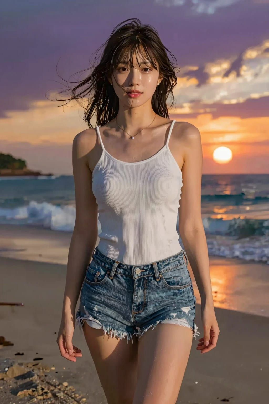 Pretty girl at sunset beach