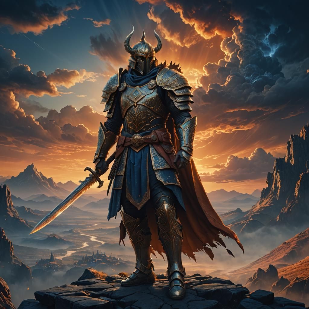 Heroic Fantasy Warrior Amidst Glowing Sky