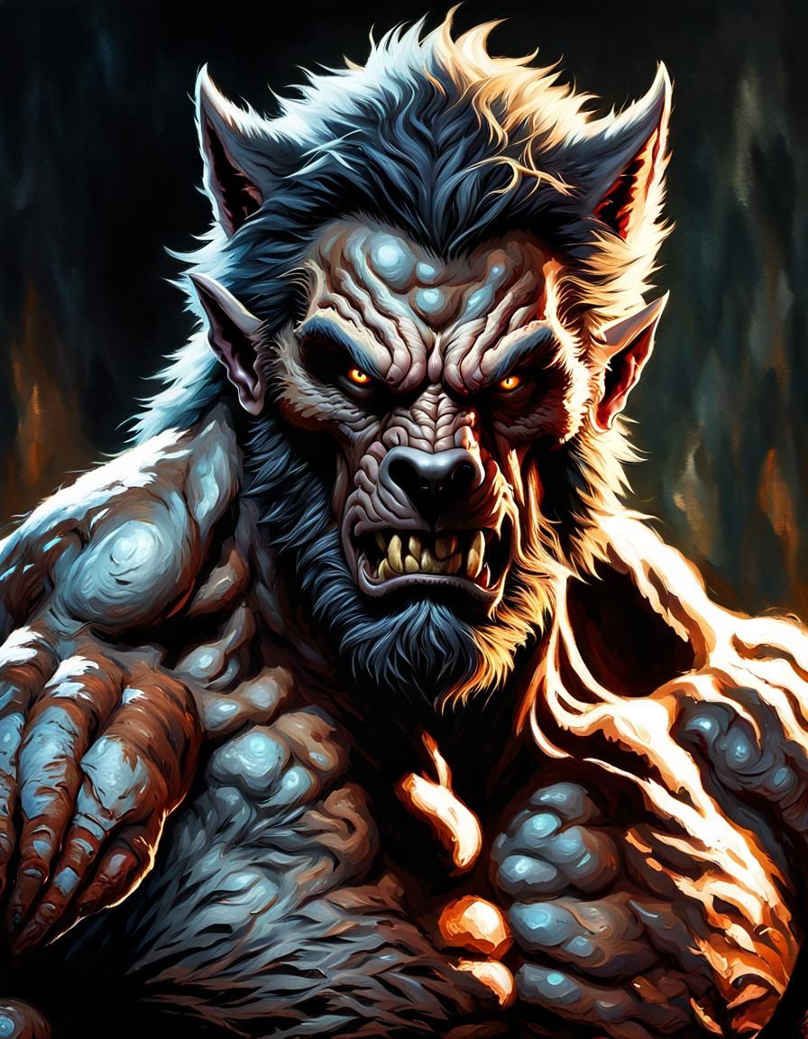 Monster man beautiful face and eyes werewolf skin werewolf massive