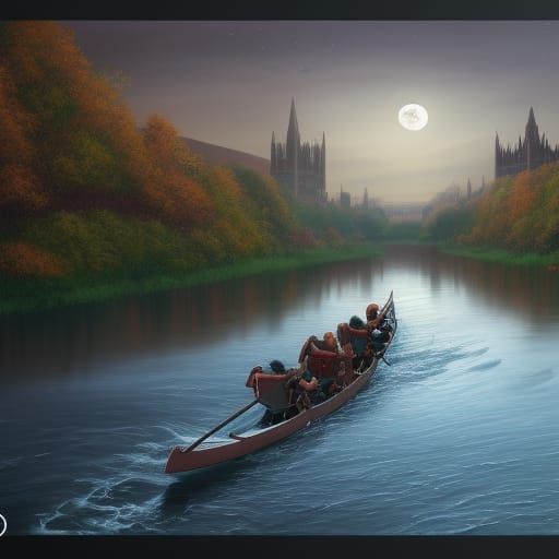 Rowing down the river irwell, towards a Manchester Moon AI Generated