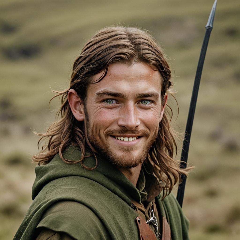 Teenage irish male ranger, green tunic, saffron cloak, green...