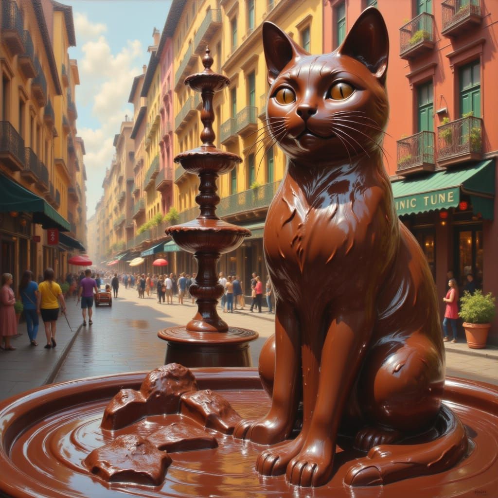 <lora:Made of Chocolate:1.0> a statue of a cat made entirely of chocolate in the middle of a city next to a fountain also made of chocolate,...