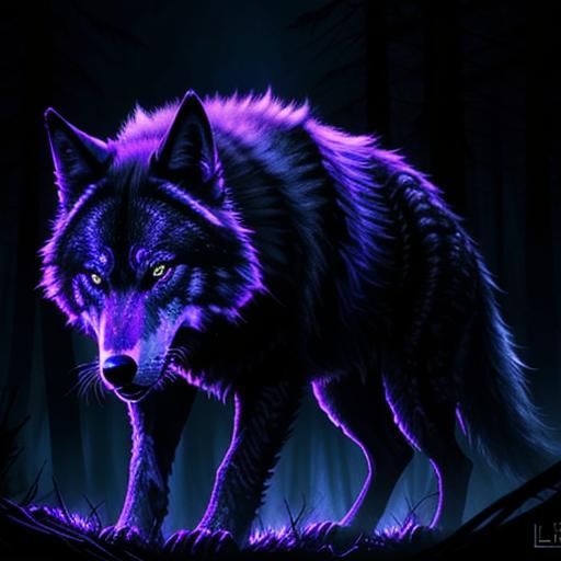 Detailed, Complex Chaotic Forest, Black Light Wolf (howiling:1.1), Uv 