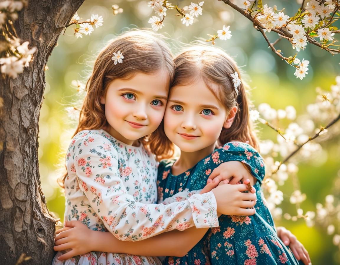 A portrait of two little young small sisters hugging under b...