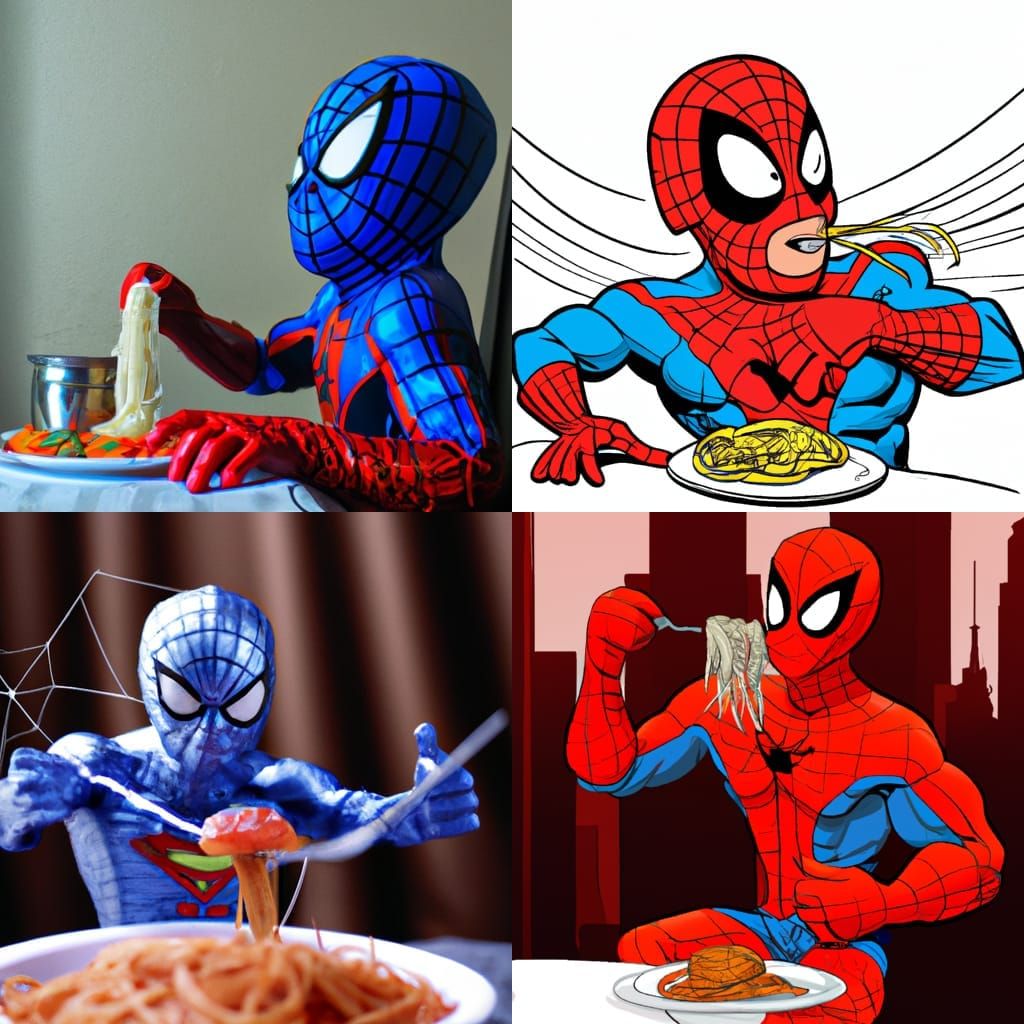 Spiderman eating spaghetti