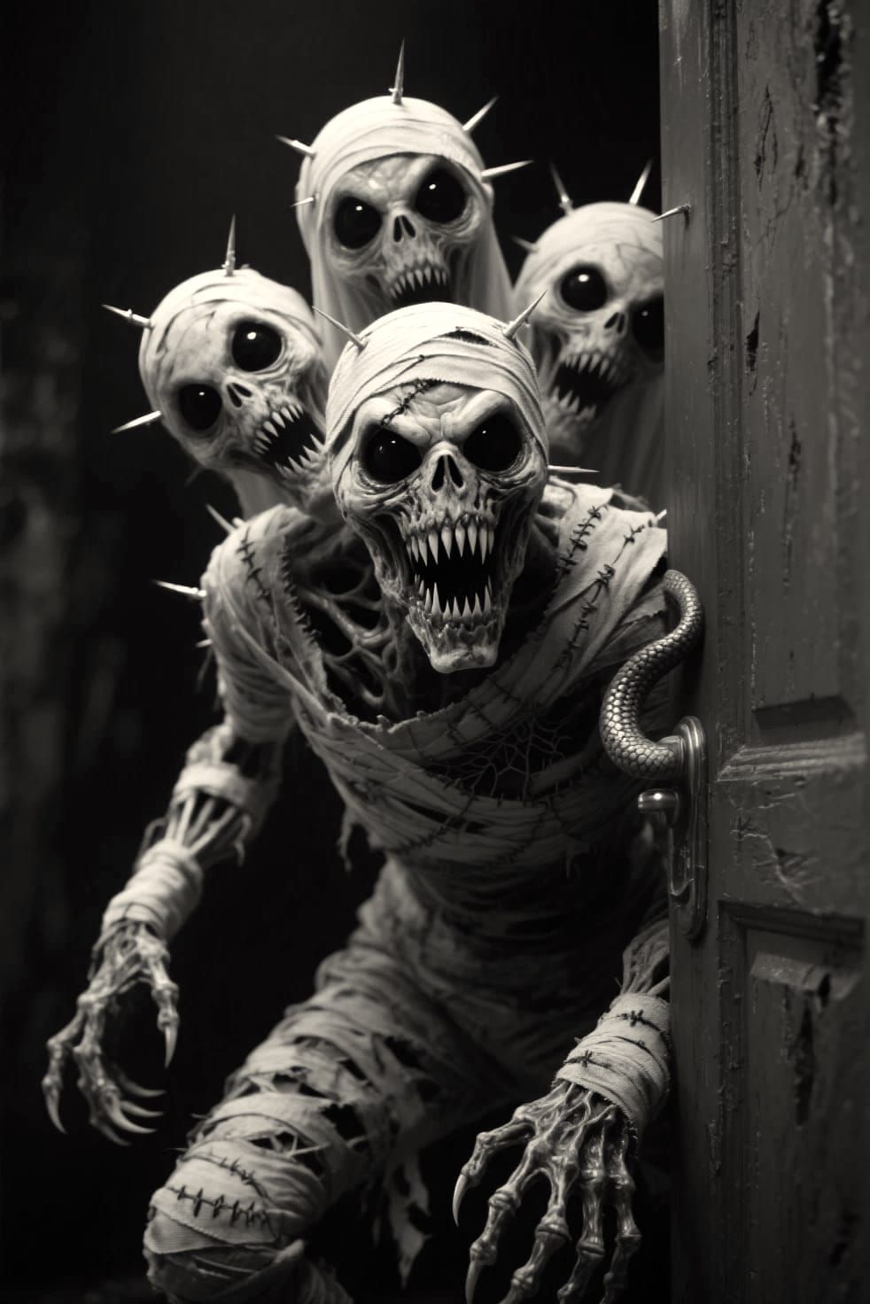 Terrifying evil mummy standing in front of a red door