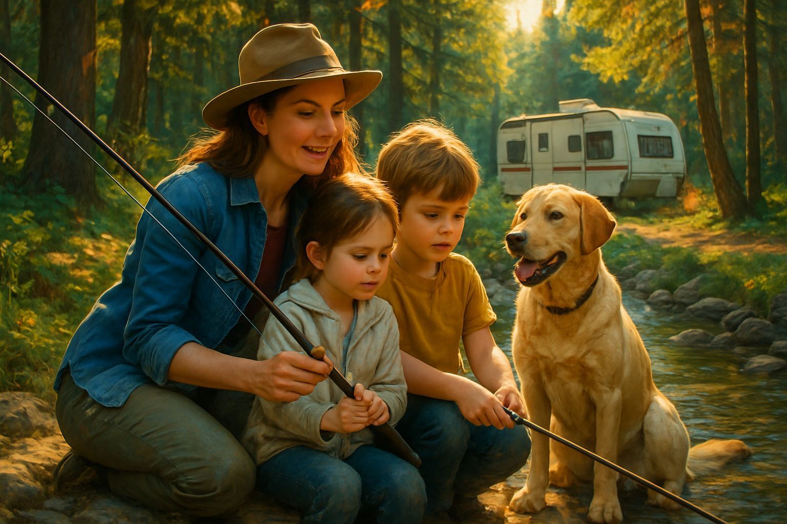 1930s Mom Teaches Kids Fishing in Forest Campground