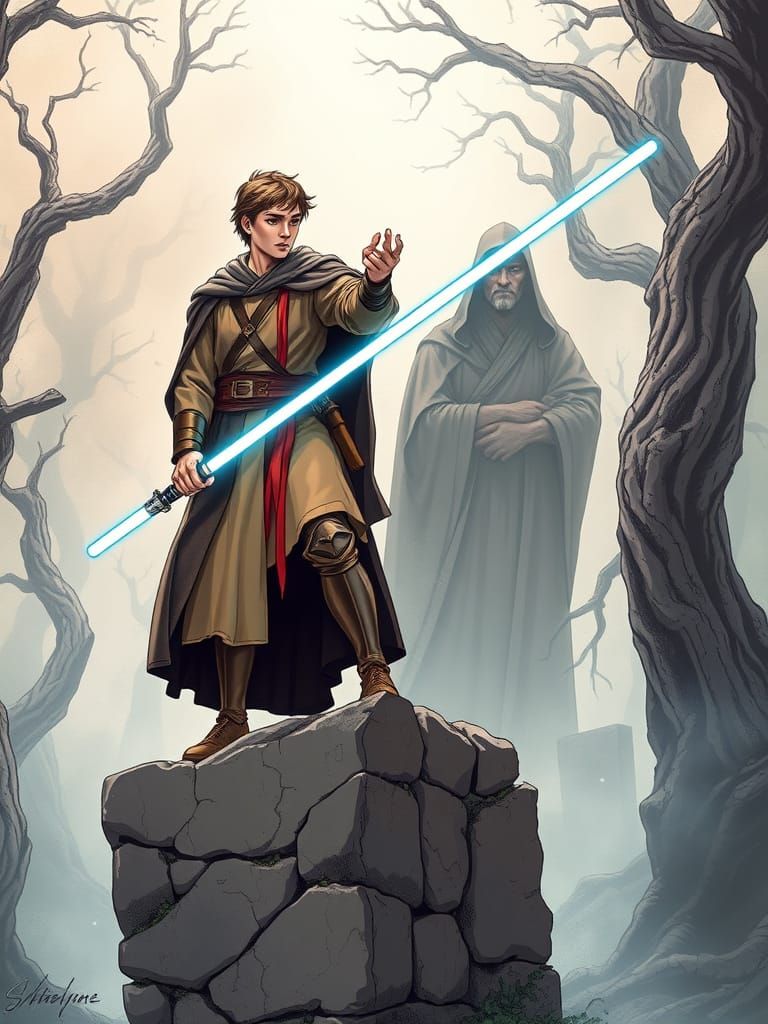 Arthur pulls Excalibur, Merlin watching (Star Wars Edition, comic)