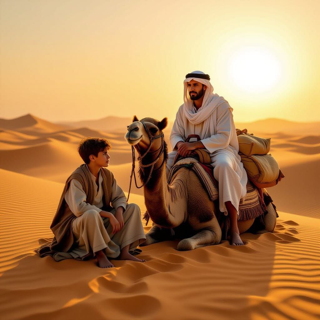 Desert Travelers Seek Shade Under Golden Hour Sun