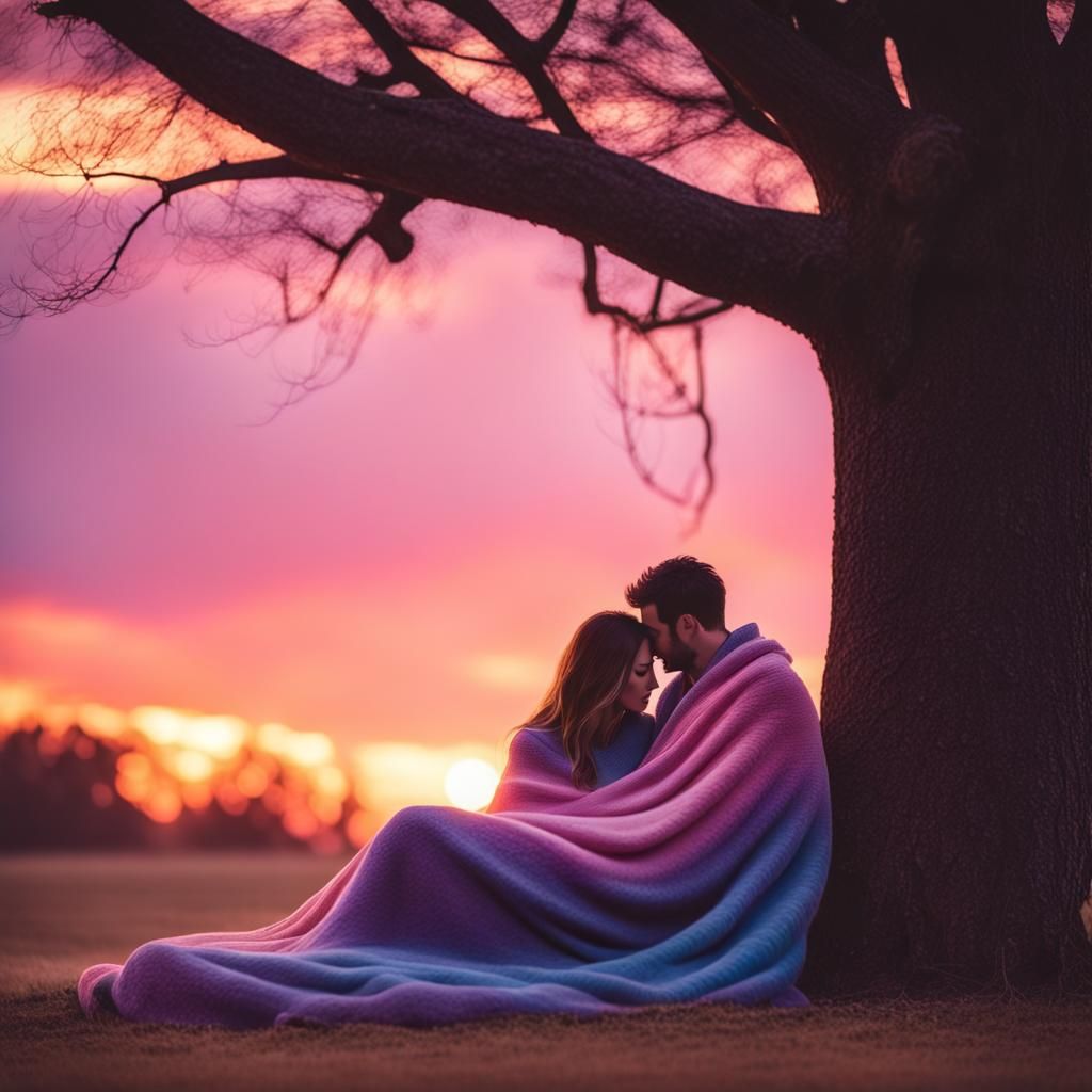 Romantic Couple Snuggling at Sunset Under a Tree