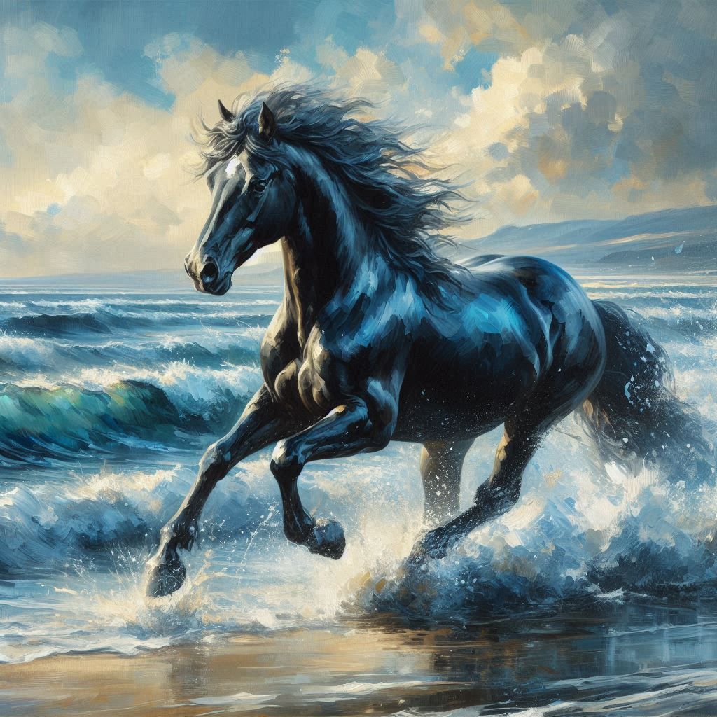 Horse galloping on the shore.