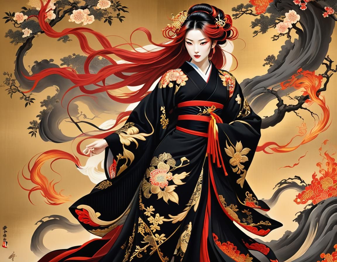 Elegant Woman in Kimono: An Ukiyo-e Style Portrait