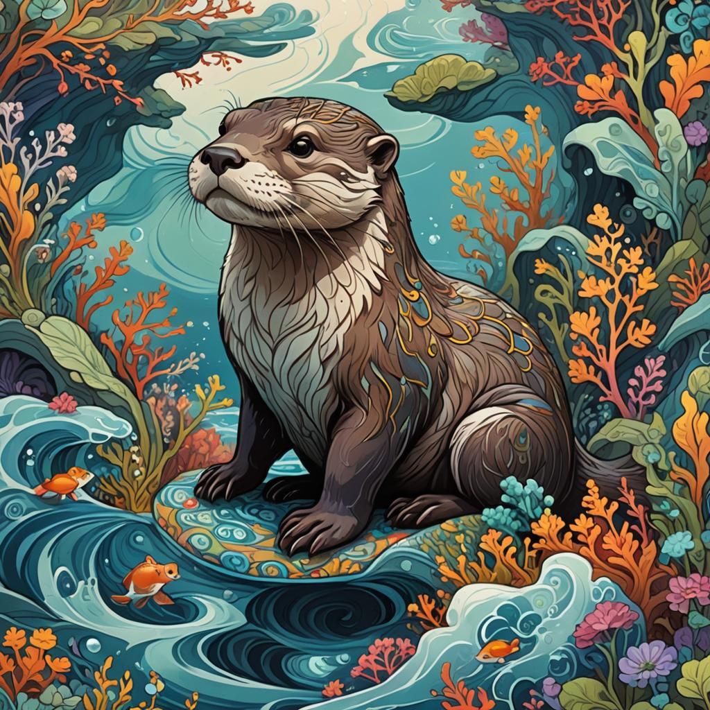 The otter is the Queen of rivers detailed painting fractal gouache beautiful colorful eldritch detailed ...  by @Giulia