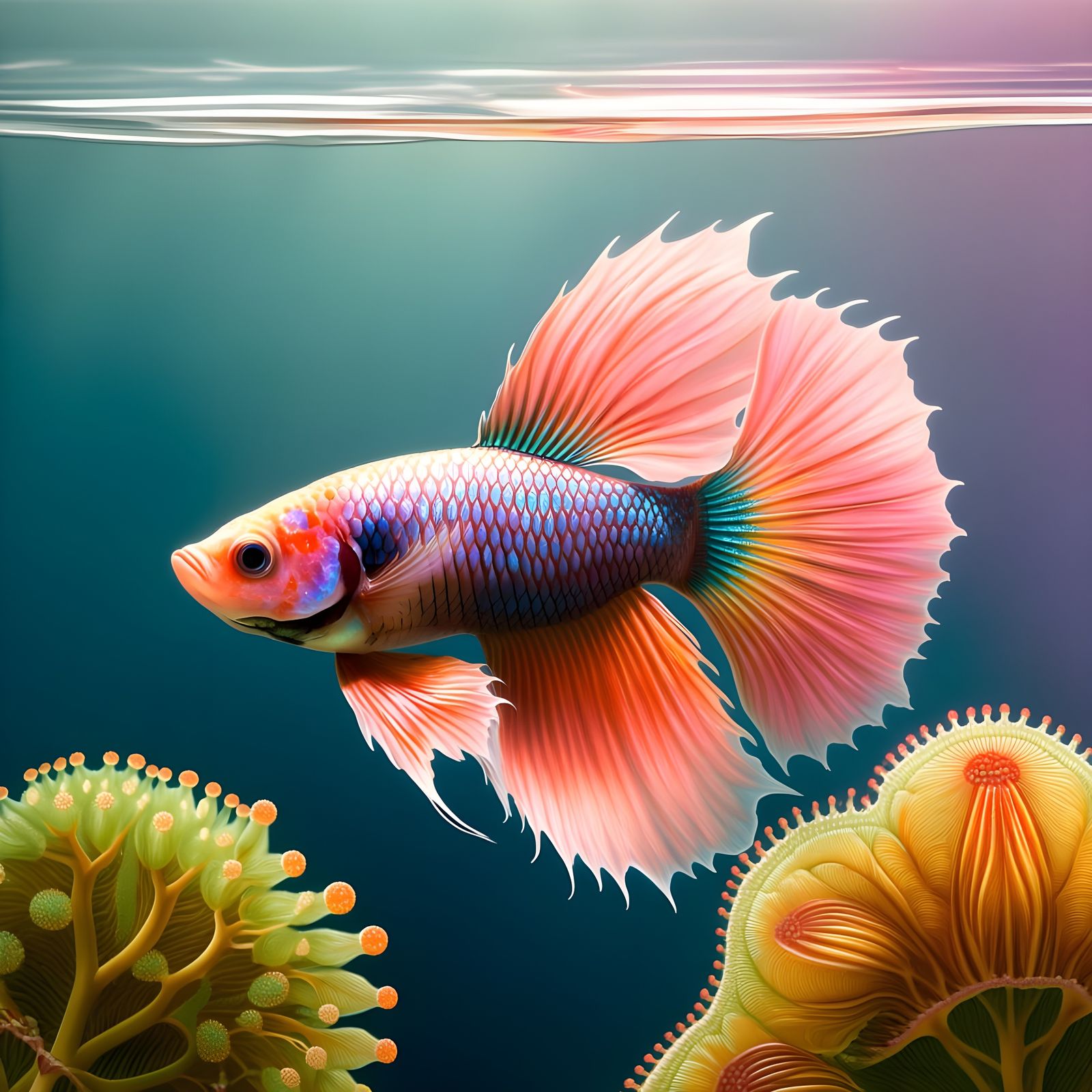 Hyperrealistic Betta Fish in Mystical Aquarium