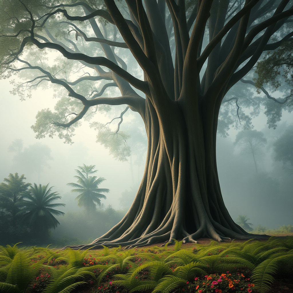 Majestic Banyan Tree in Misty Forest Landscape