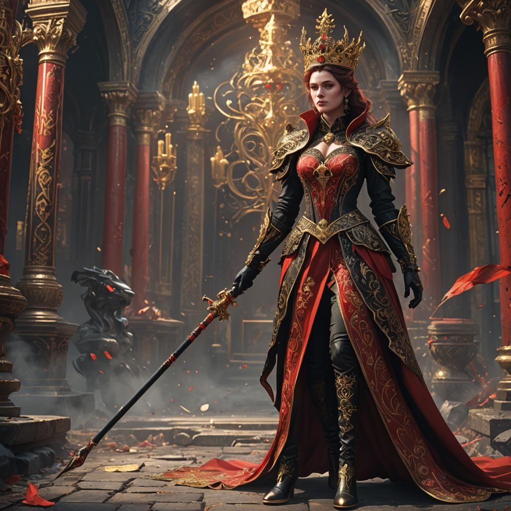 A red majestic dress with black full sleeves and gold design...