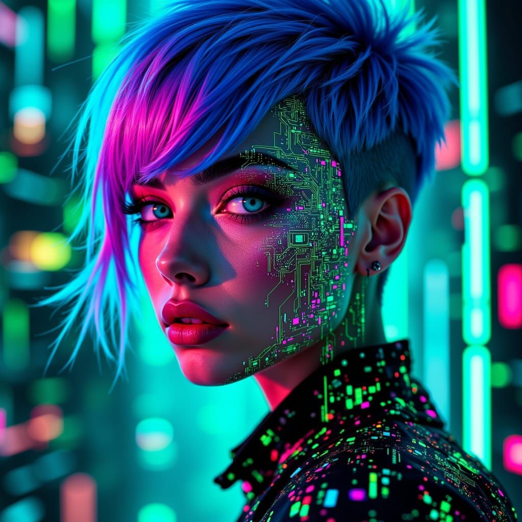 <lora:CyberNitch:0.5>Intricately detailed neon green filigree of computer circuits embedded onto the face of a beautiful cyberpunk female w...