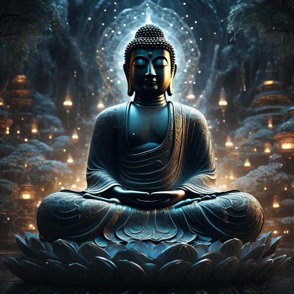 Serene Buddha Figure in Mystical Dreamscape