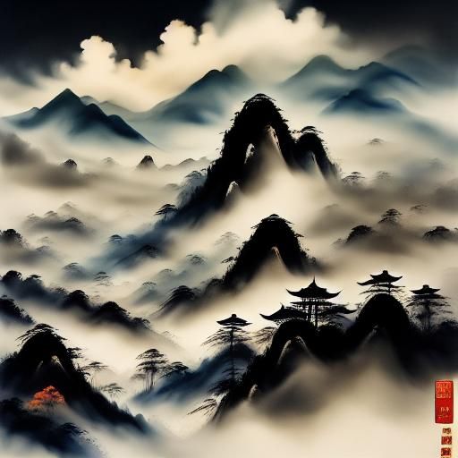 Mountains and mist, muted chinese ink painting, muted color, rice paper texture, splash paint, wet to wet techniques, perfect balance compos...