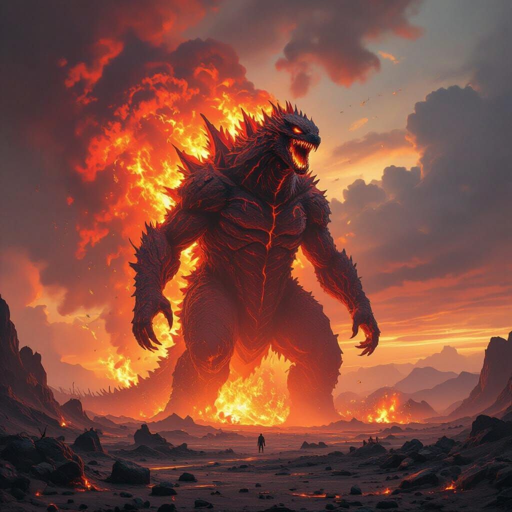 imagine a colossal, fire-red kaiju emerging from a volcanic eruption, its form wreathed in flames and ...  by @BEAST1966