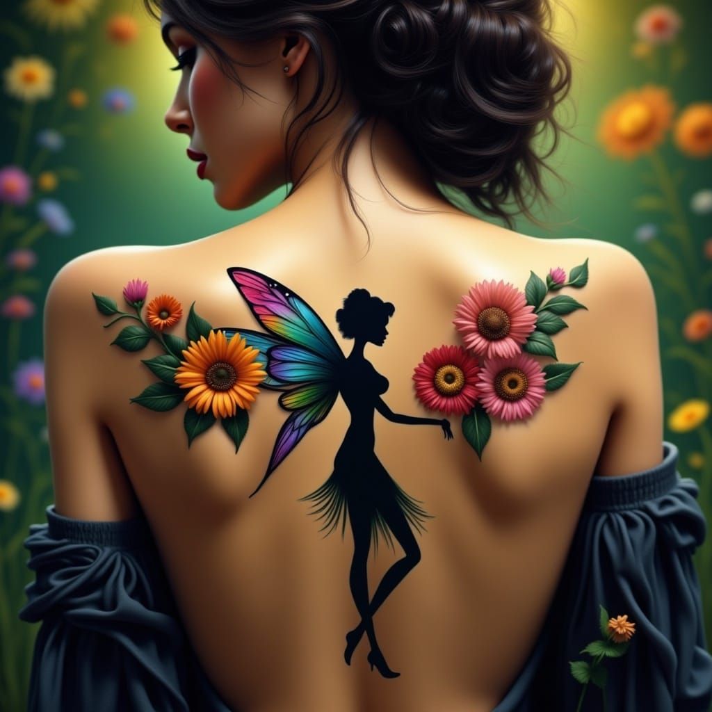<lora:Flux Enigmatic:1.0> A beautiful woman, fairy silhouette tattoo on her back, centered