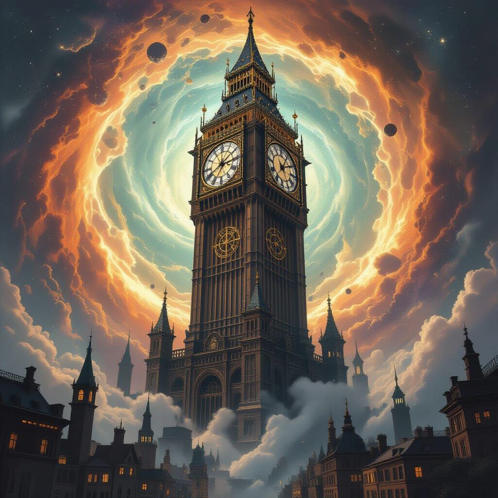 A colossal, ancient clock tower emerges from a swirling vortex of cosmic dust and stardust, its gears intricately detailed. Below, a miniatu...