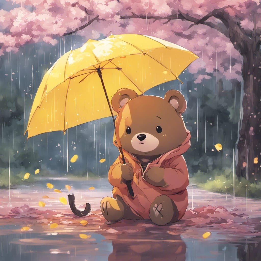 a cute bear with sweatshirt in the rain, lying under the cherry