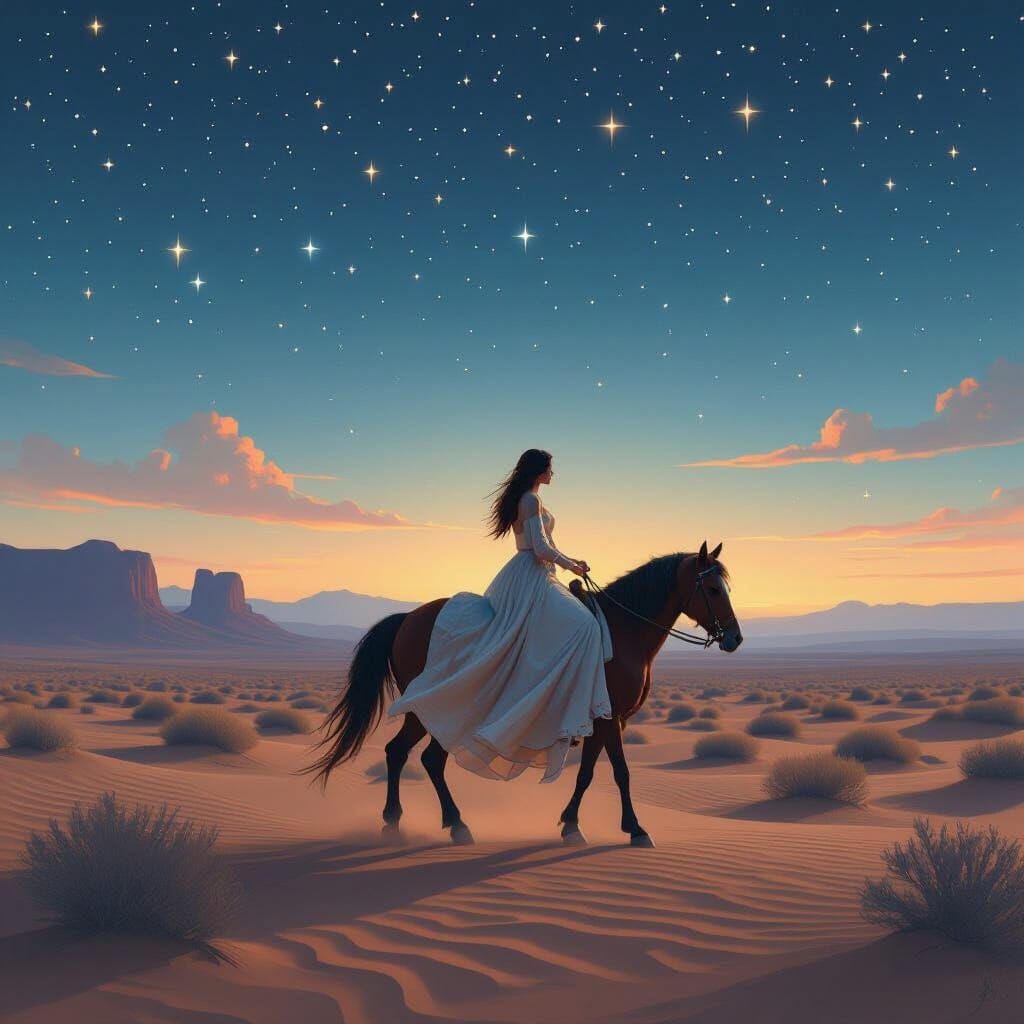 Woman Rides Pony in Starry Desert Landscape