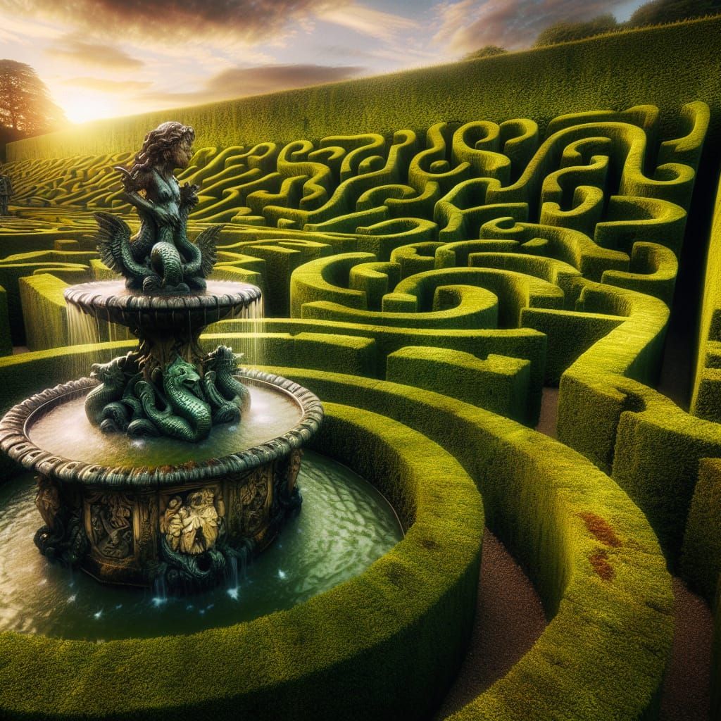 hedge maze with fountain