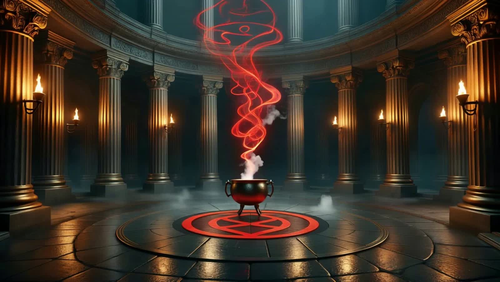 The scene is a grand, ancient temple interior, rendered in a realistic, cinematic style, exuding an aura of mystery and ...