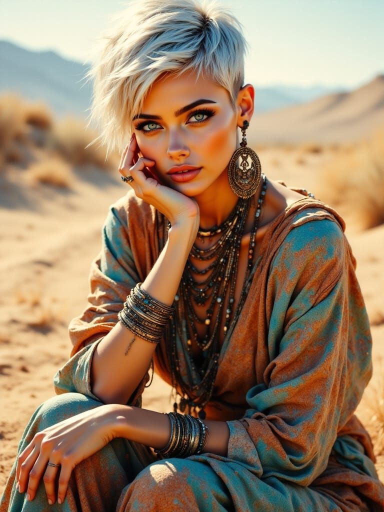 Iconic Woman with Pixie Cut in Ethnic Attire