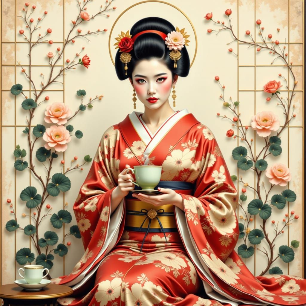 Geisha Enjoying Matcha in Serene Japanese Tearoom