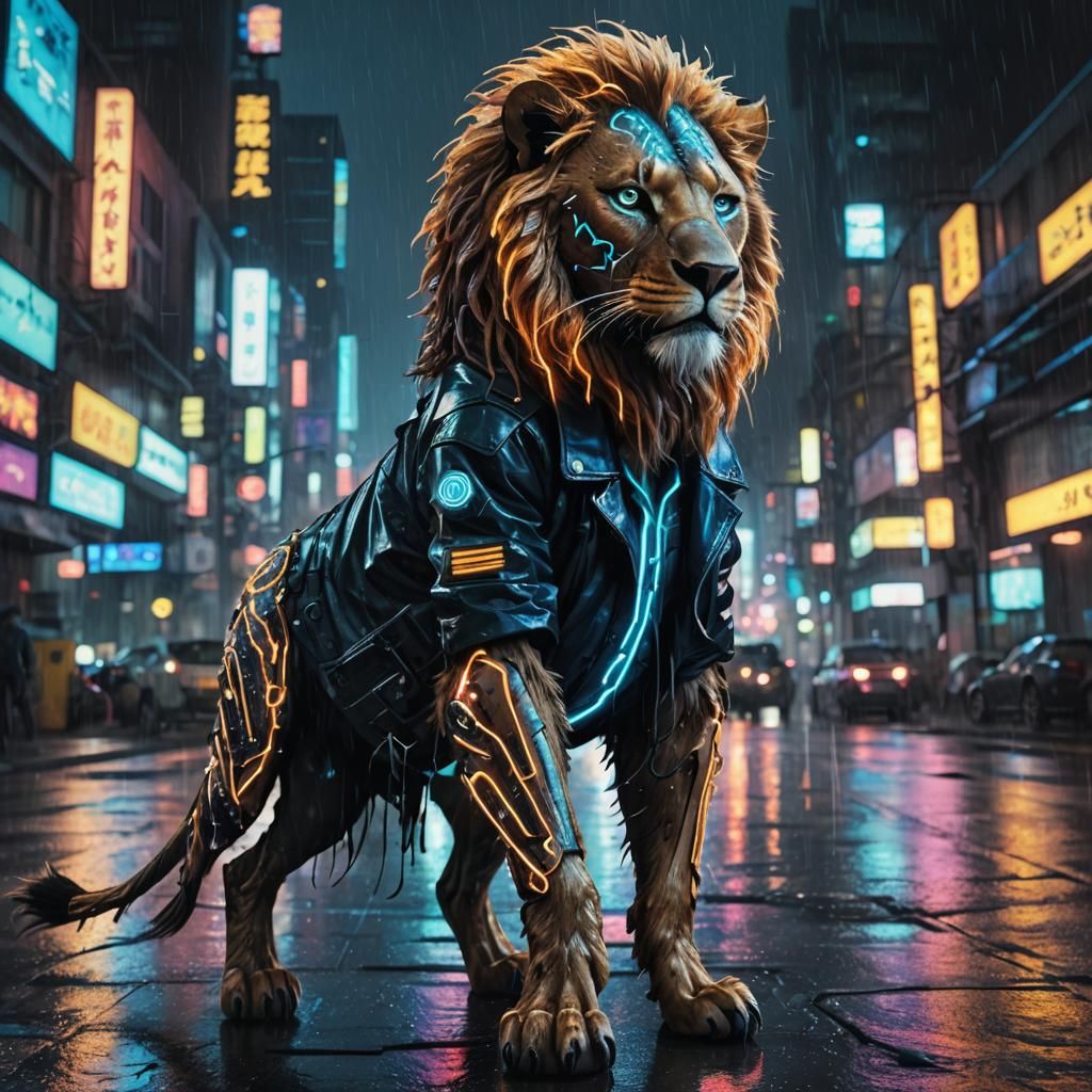 Cyberpunk Lion with Neon Whip in Rainy City
