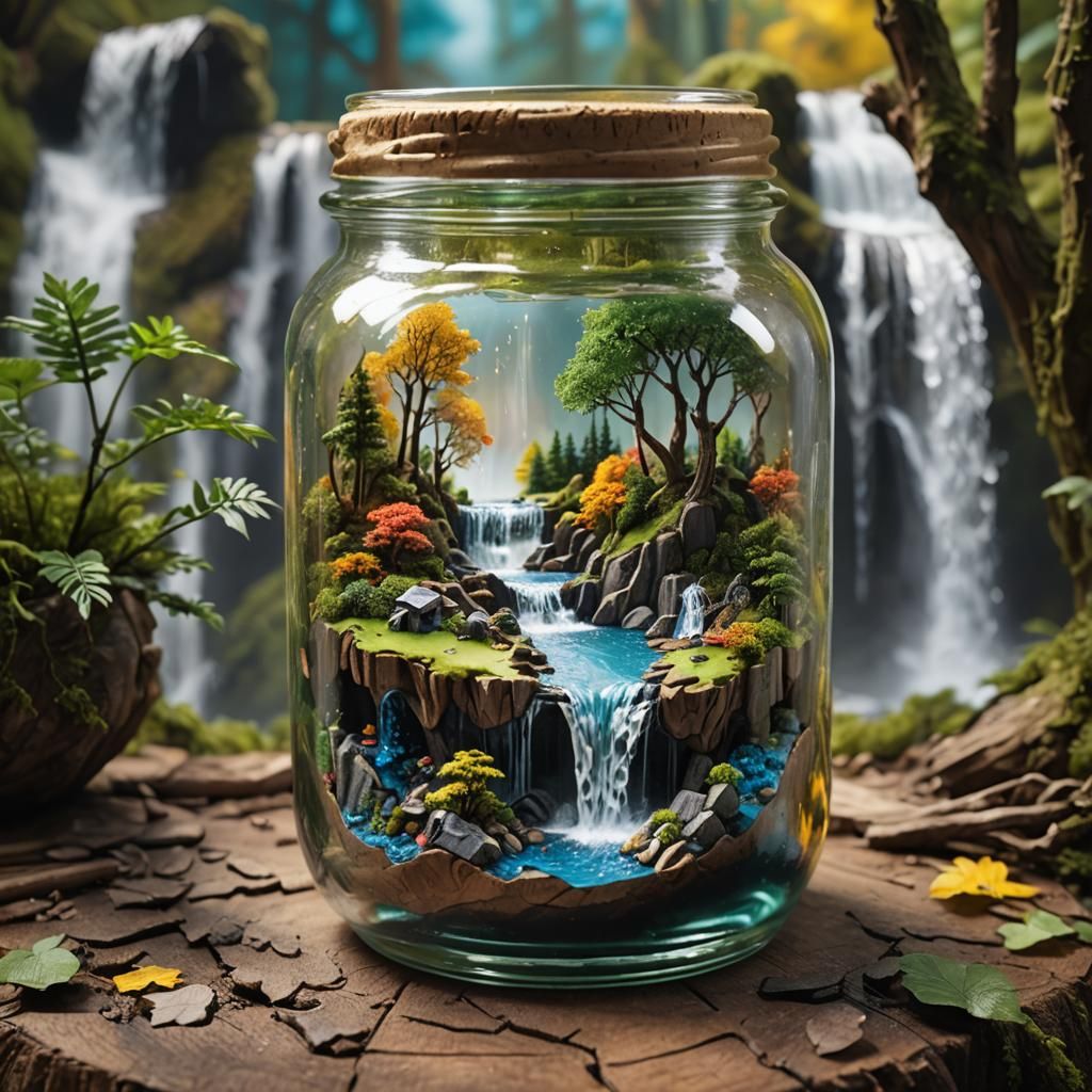 Miniature world enclosed in a jar, woods with a waterfall  by @Mila K